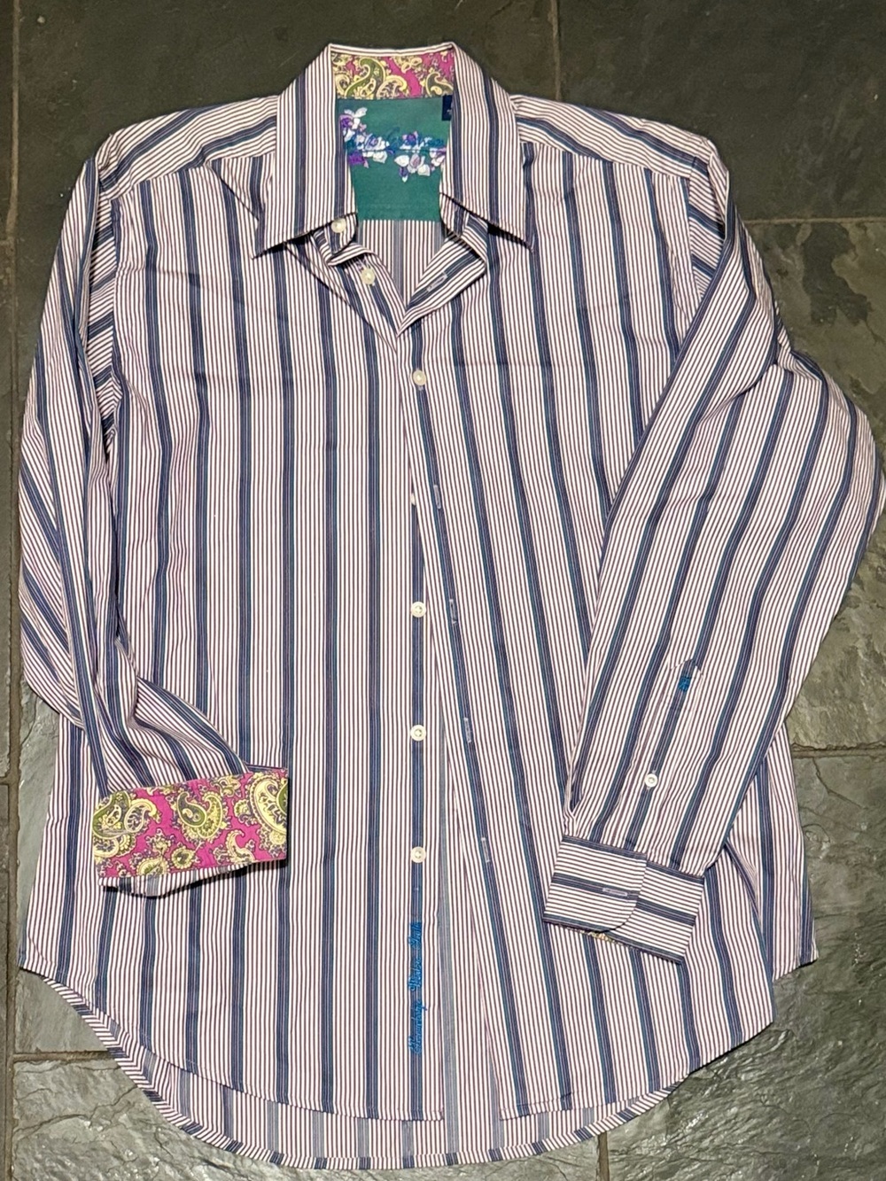 Robert Graham Pink and Blue Striped Dress Shirt with Paisley Trim
